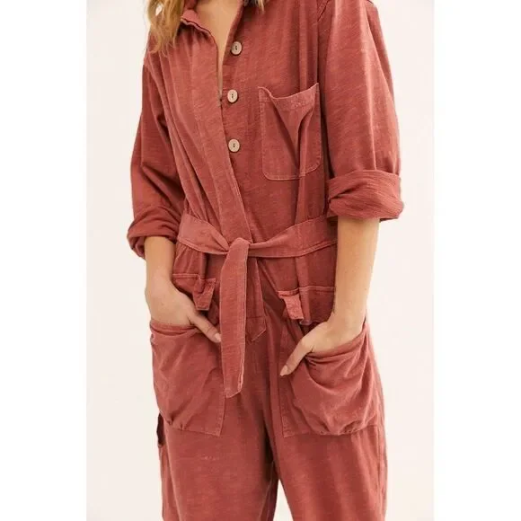 NEW FREE PEOPLE MORE LIKE THIS BELTED ONE PIECE JUMPSUIT JUMPER TERRACOTTA - Picture 3 of 4